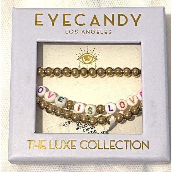 Eye Candy Luxe 3 Bracelet Set 18k Gold Plated Titanium LOVE IS LOVE Spell Out - Picture 4 of 7